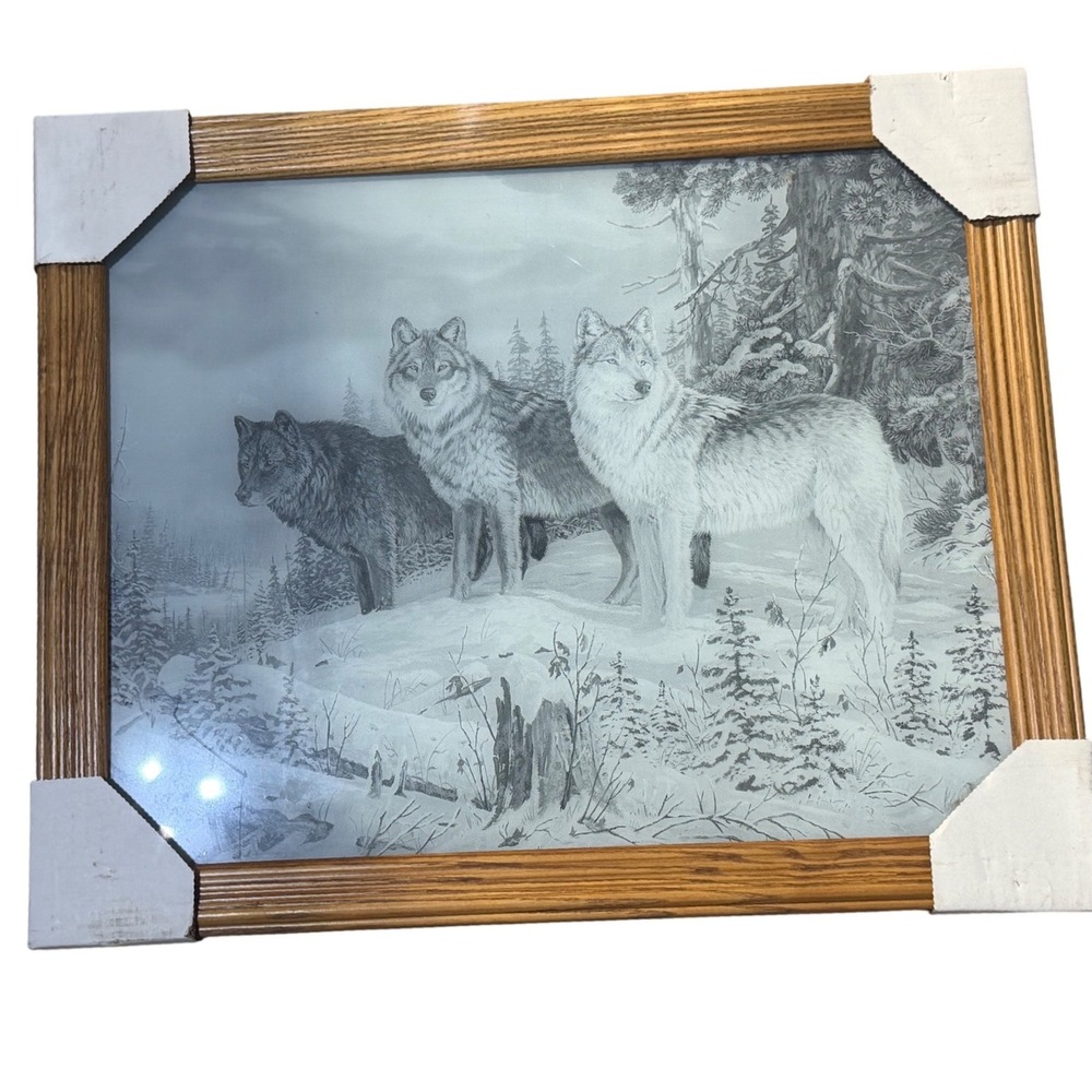 Vintage Style Framed Wolf Pack Winter Forest Wildlife Art Print Oak Wood Frame
